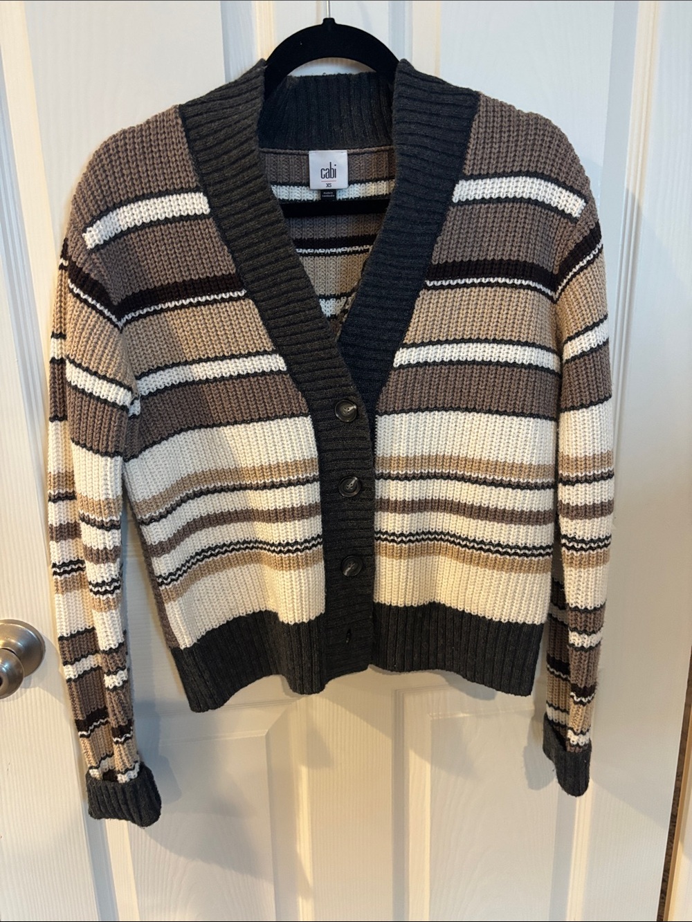 CAbi Striped Button-Front Cardigan in Cream, Taupe & Dark Gray